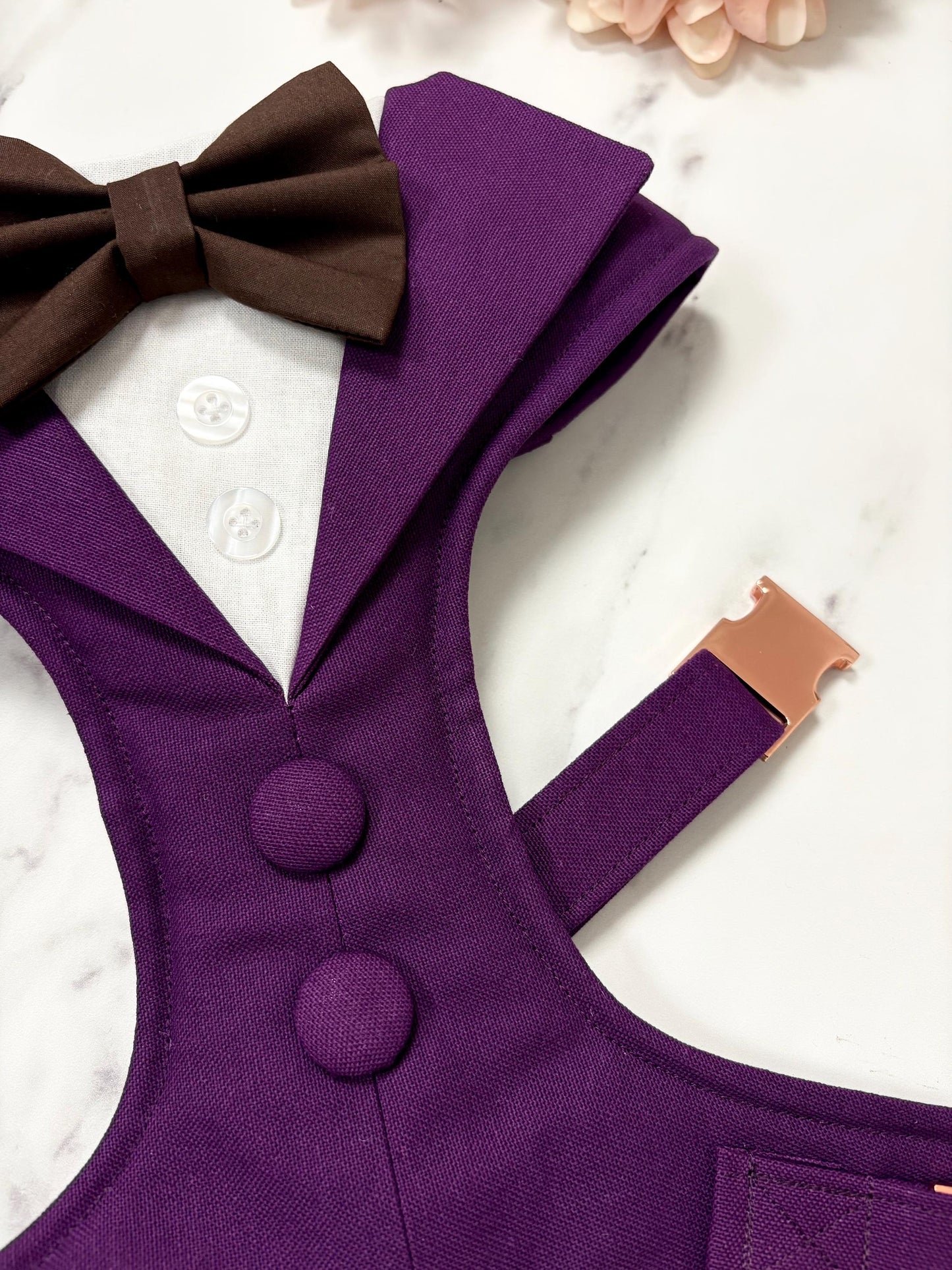 Made-to-measure Dark Purple Dog Tuxedo Harness: Ring Bearer Outfit for Pets