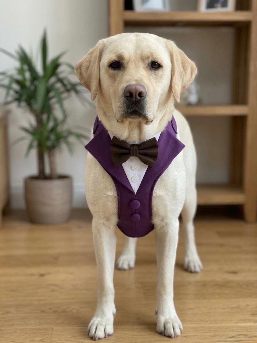 Made-to-measure Dark Purple Dog Tuxedo Harness: Ring Bearer Outfit for Pets