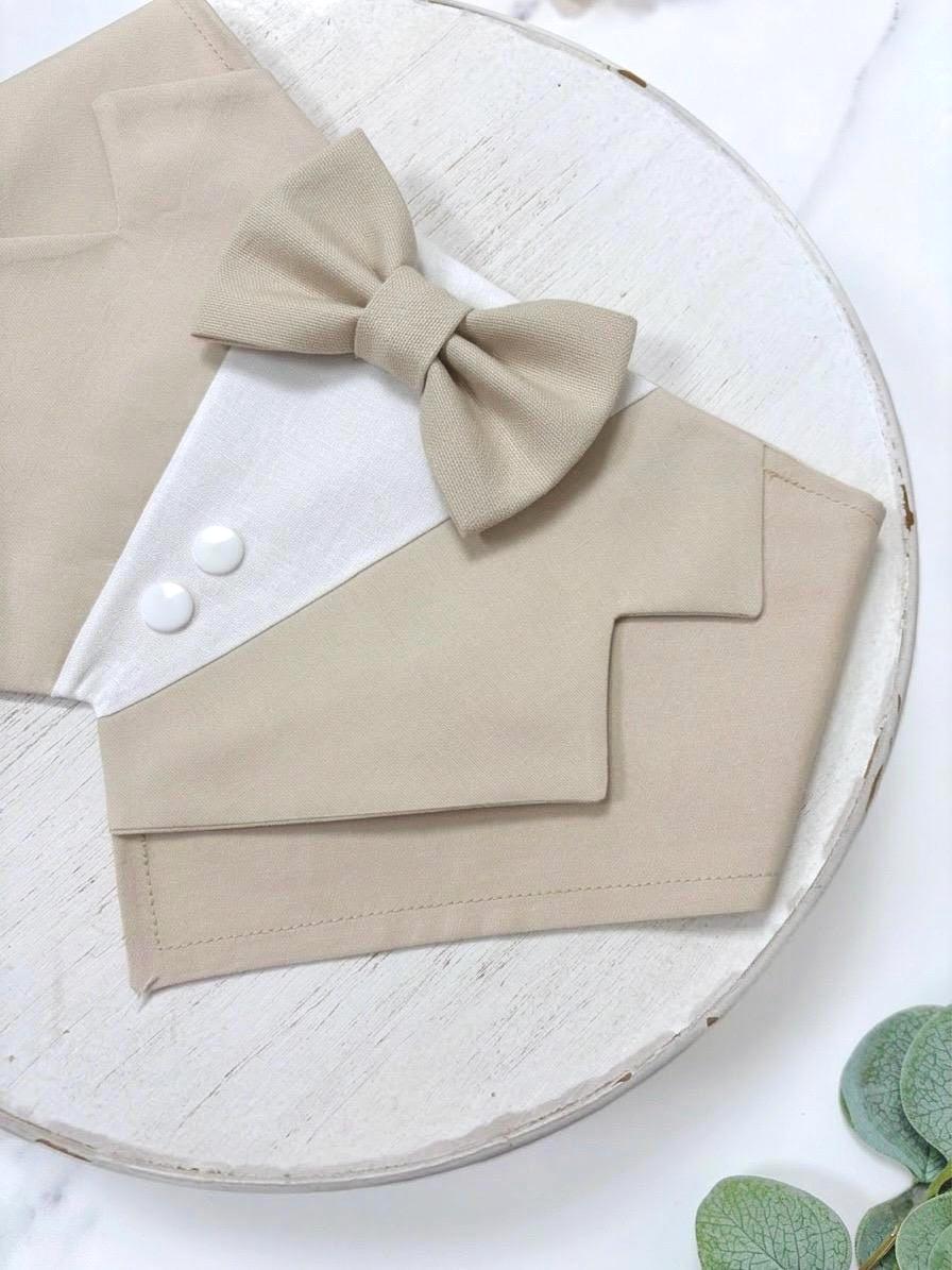 Natural Beige Wedding Dog Tuxedo Bandana, Ring Bearer Style Available, Custom Bow Tie Colour