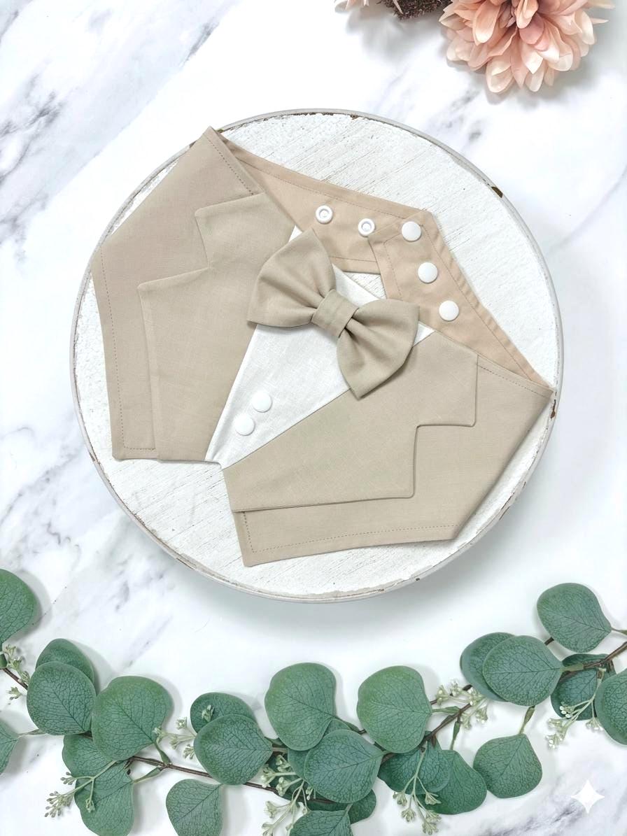 Natural Beige Wedding Dog Tuxedo Bandana, Ring Bearer Style Available, Custom Bow Tie Colour