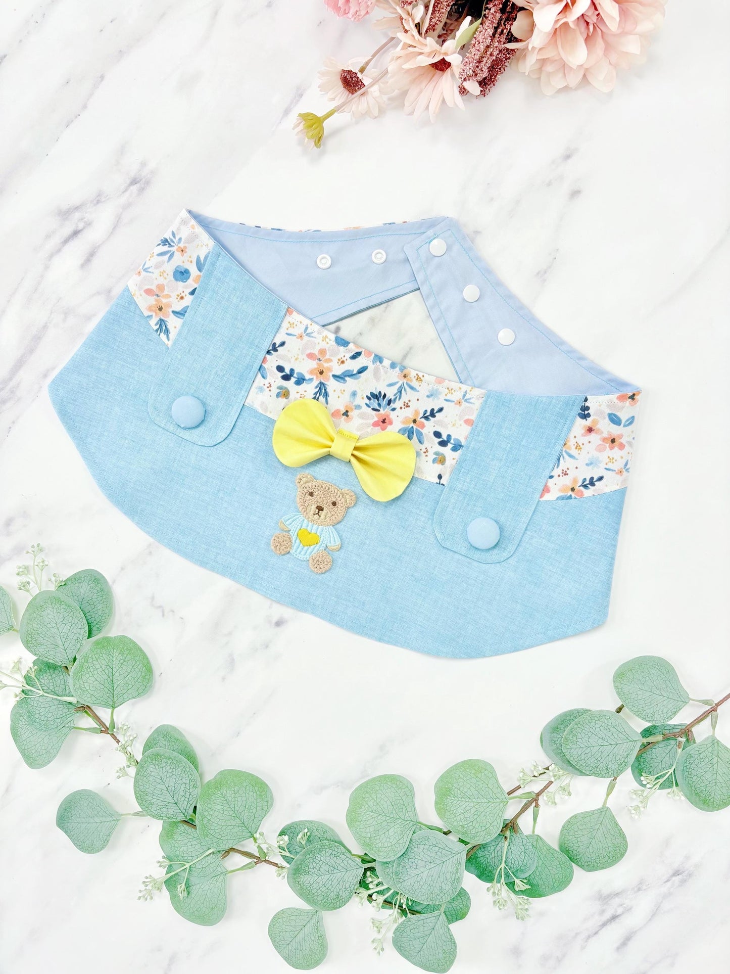 Light blue Dungarees Dog Bandana with Spring Flowers