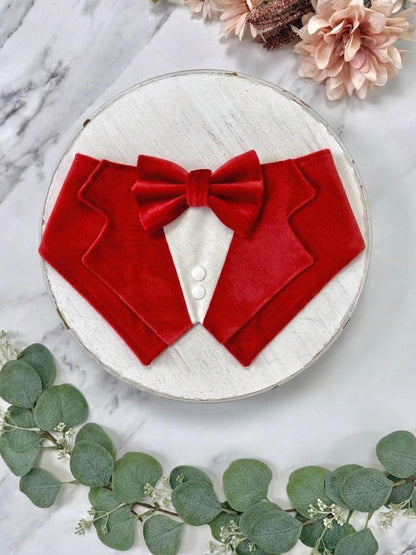 Bright Red Velvet Wedding Dog Tuxedo Bandana, Christmas Tuxedo Suit For Pets, Ring Bearer Outfit