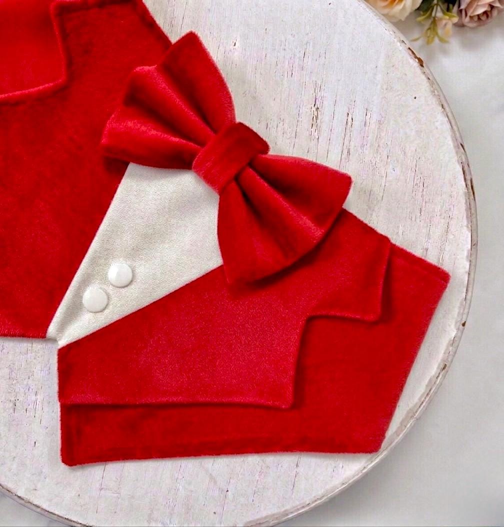 Bright Red Velvet Wedding Dog Tuxedo Bandana, Christmas Tuxedo Suit For Pets, Ring Bearer Outfit