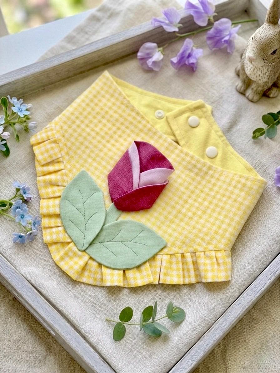 Tulip Dog Bandana, Yellow Gingham Spring Pet Scarf, Cotton Snap-On Accessory