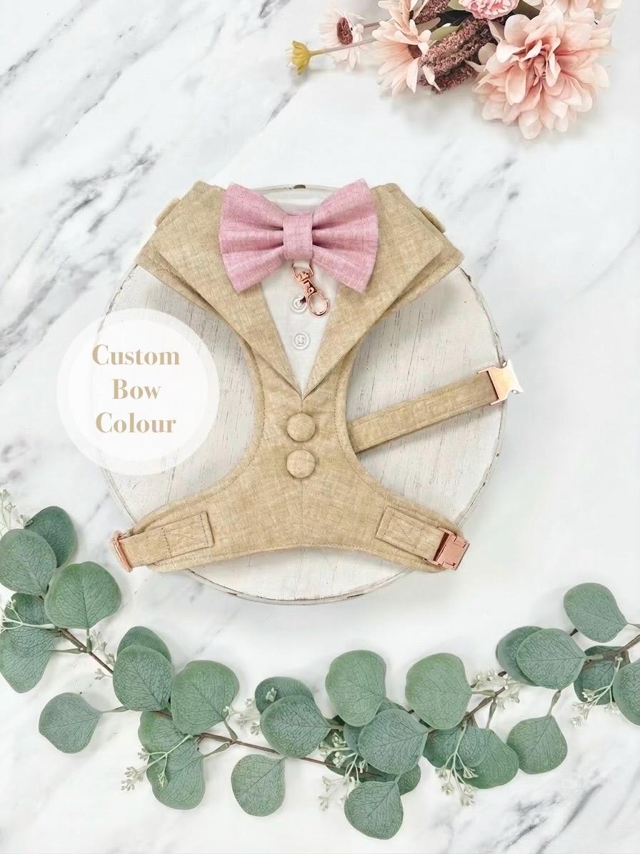 Natural Beige Dog Tuxedo Harness for Wedding: Bespoke Formal Suit for Dog of Honour, Ring Bearer Outfit