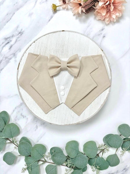 Natural Beige Wedding Dog Tuxedo Bandana, Ring Bearer Style Available, Custom Bow Tie Colour