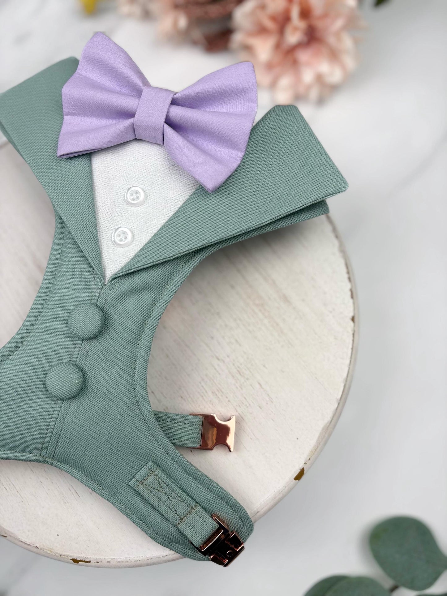 Bespoke Heritage Sage Green Dog Wedding Tuxedo Harness: Formal Dog Suit with Custom Bow Tie