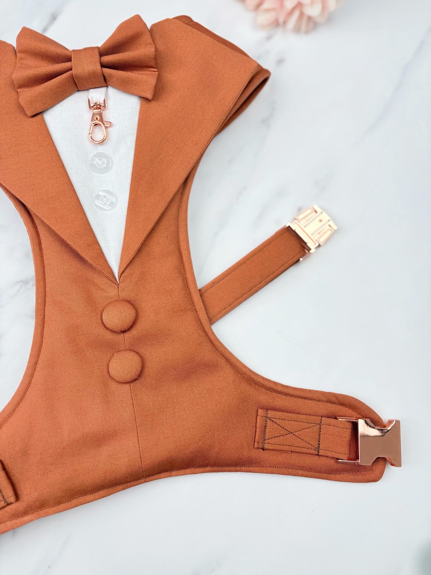 Bespoke Terracotta Dog Tuxedo Harness: Outfit for Dog Ring Bearer