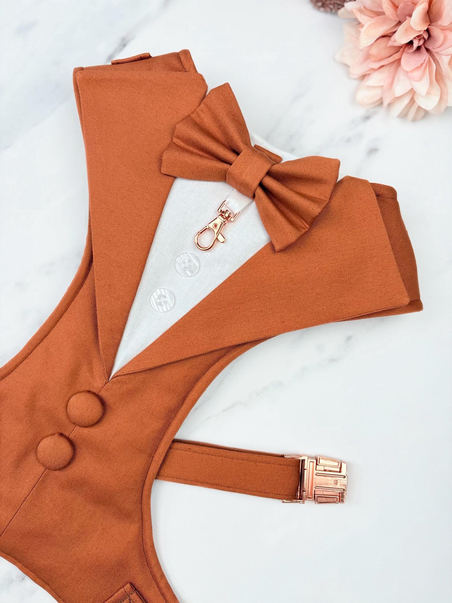 Bespoke Terracotta Dog Tuxedo Harness: Outfit for Dog Ring Bearer
