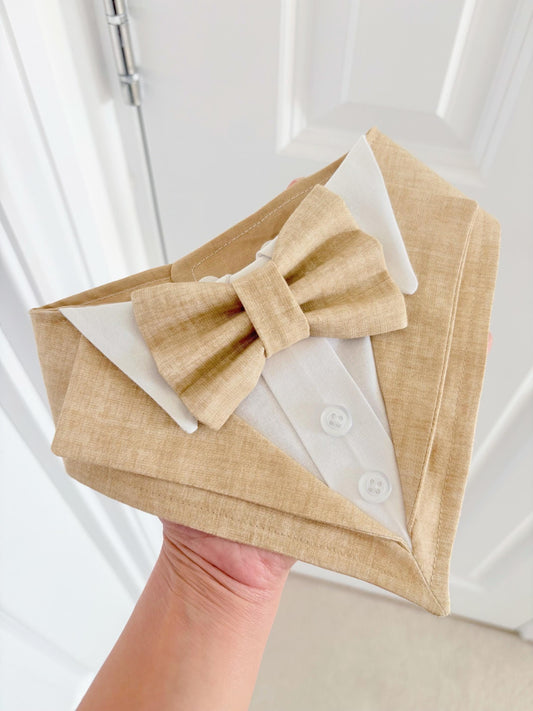 Natural Beige Wedding Dog Suit, Warm Sand Pet Tuxedo Bandana, Custom Size Welcome