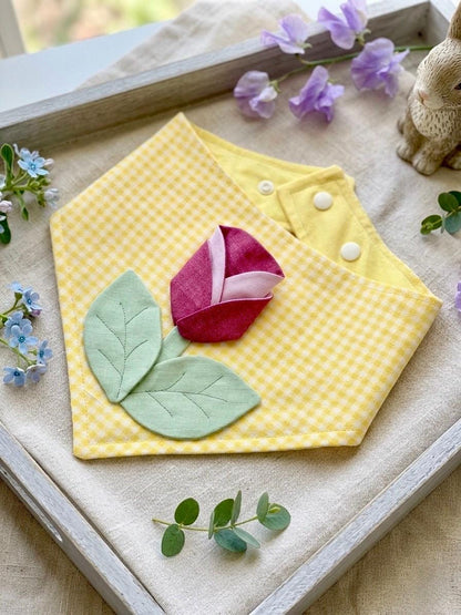 Tulip Dog Bandana, Yellow Gingham Spring Pet Scarf, Cotton Snap-On Accessory