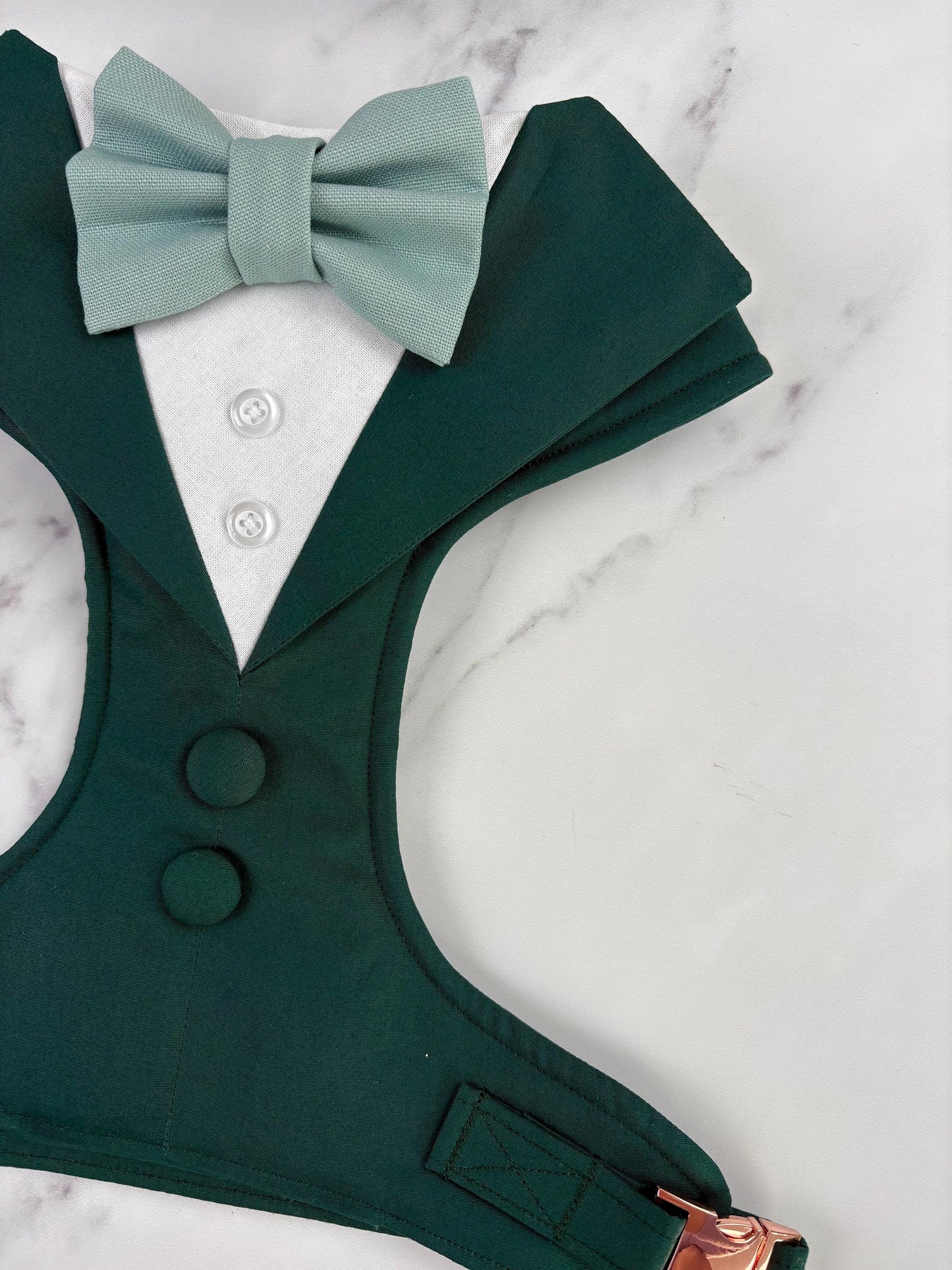 Dark Green Dog Tuxedo Harness with Bow Tie: Pet Wedding Suit Handmade in Norfolk