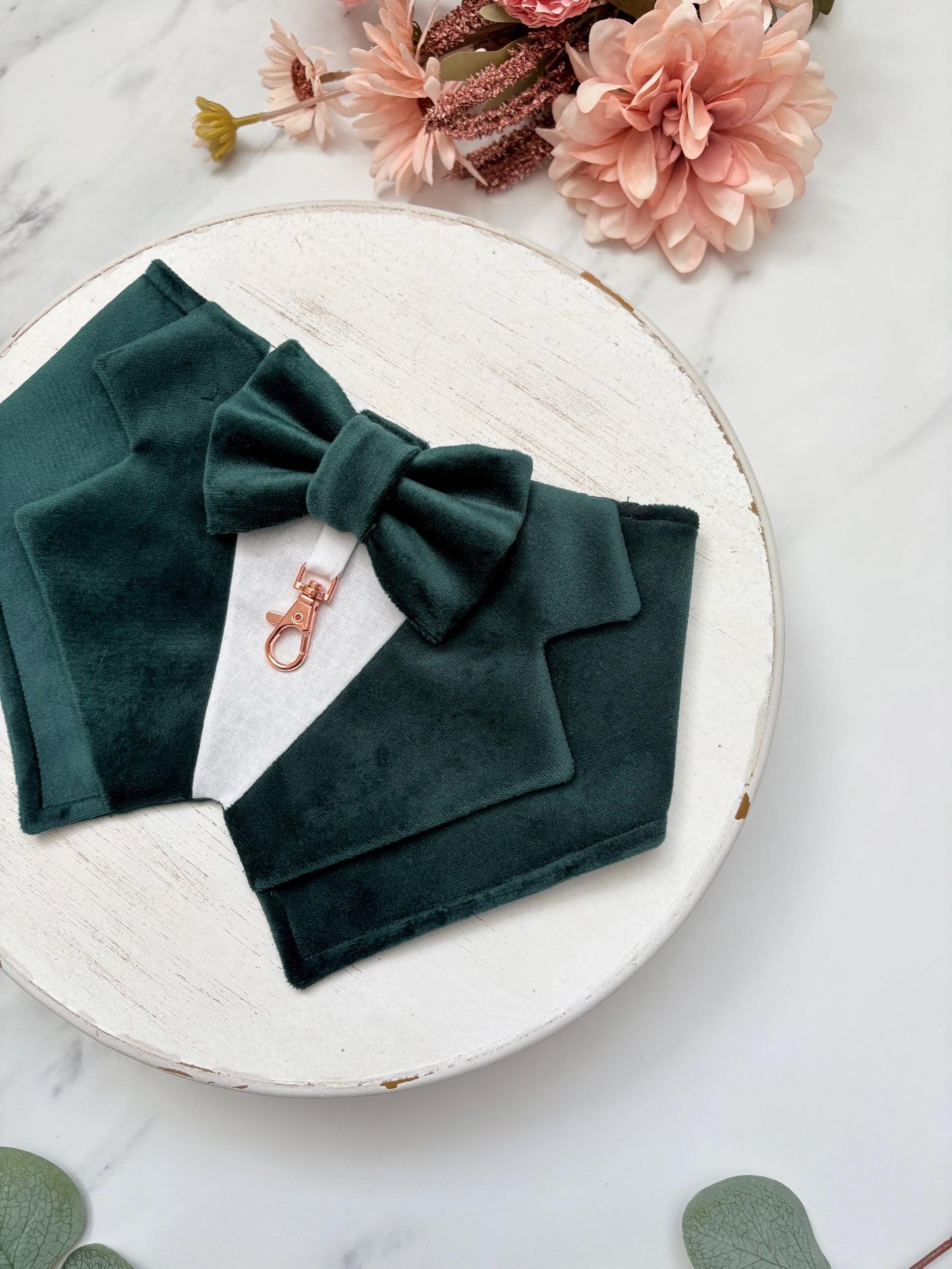Dark Green Velvet Wedding Dog Tuxedo Bandana, Pet Wedding Ring Bearer Outfit