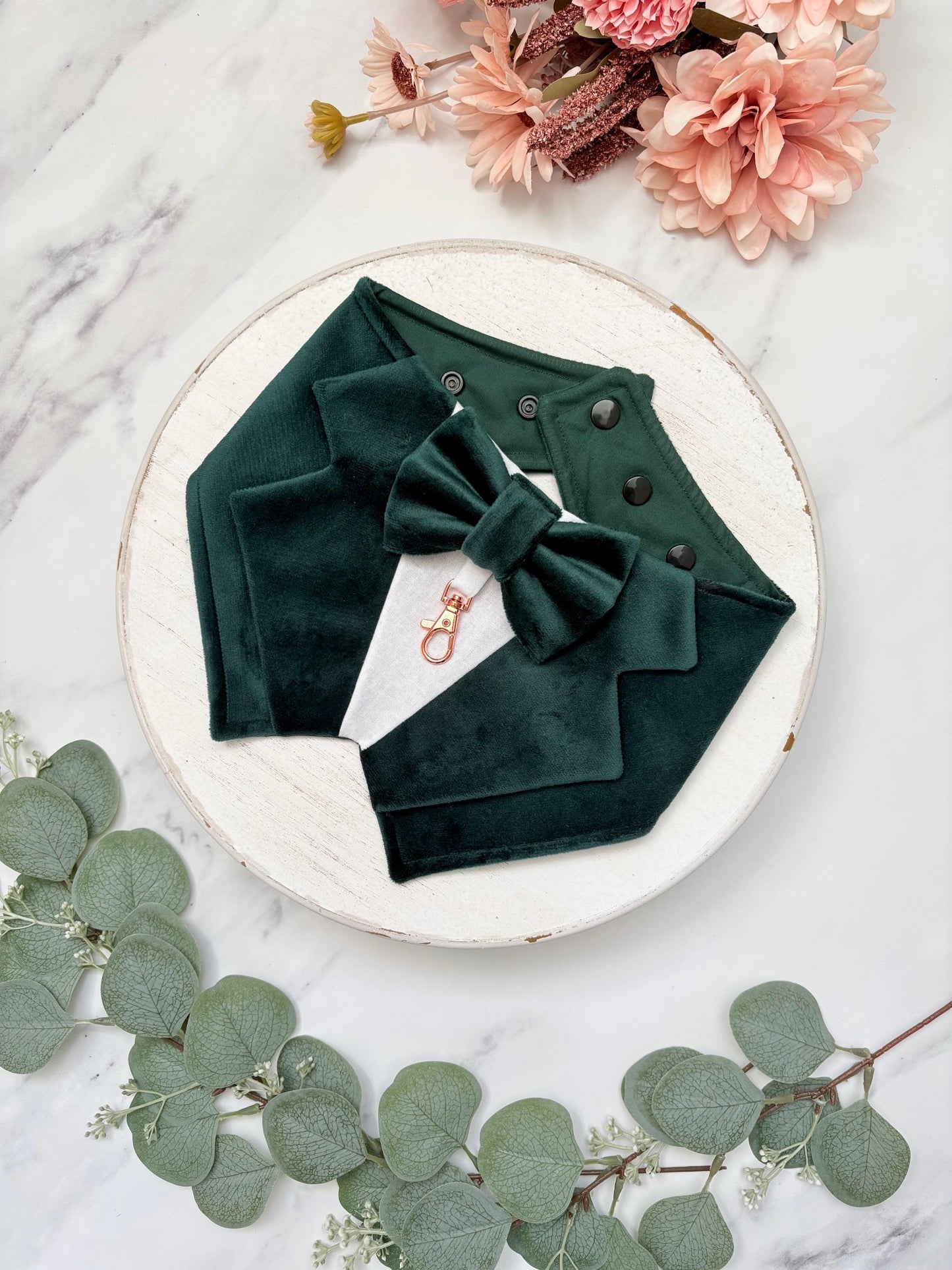 Dark Green Velvet Wedding Dog Tuxedo Bandana, Pet Wedding Ring Bearer Outfit