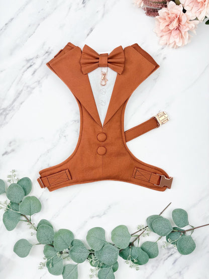 Bespoke Terracotta Dog Tuxedo Harness: Outfit for Dog Ring Bearer