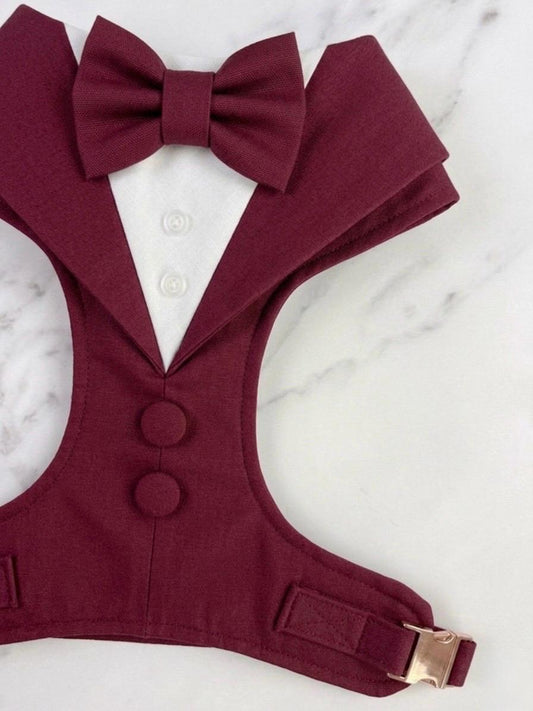 Bespoke Burgundy Red Formal Dog Tuxedo Harness: Custom Wedding Attire for Dogs