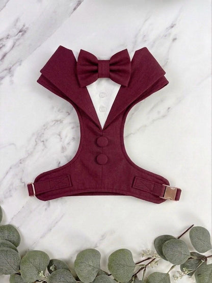 Bespoke Burgundy Red Formal Dog Tuxedo Harness: Custom Wedding Attire for Dogs