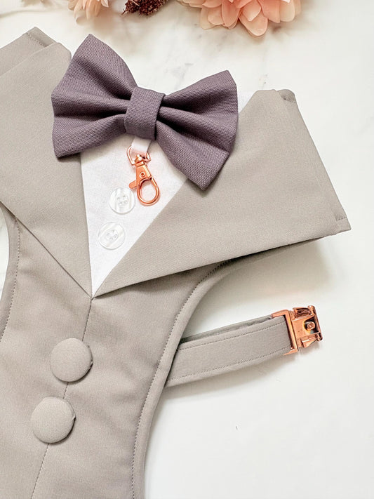 Bespoke Light Grey Dog Tuxedo Harness with Dark Grey Bow Tie, Formal Wedding Suit for Pets