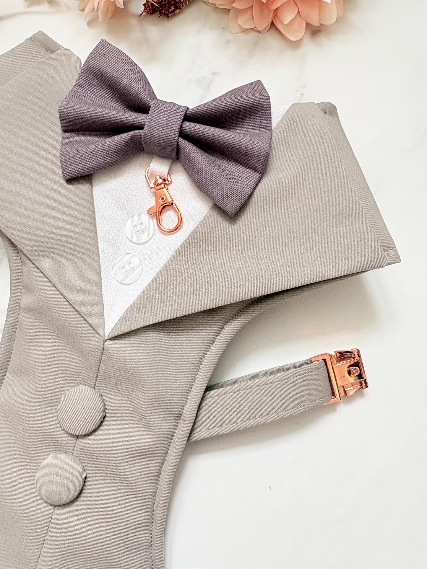 Bespoke Light Grey Dog Tuxedo Harness with Dark Grey Bow Tie, Formal Wedding Suit for Pets