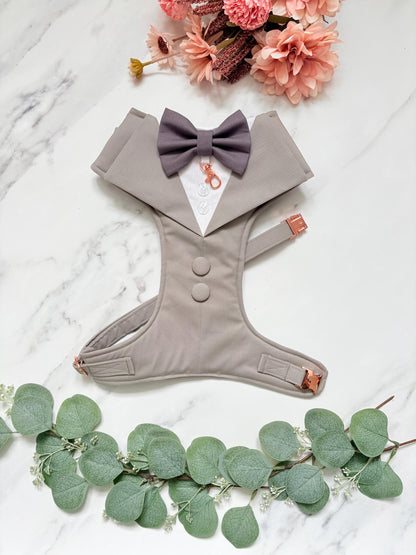 Bespoke Light Grey Dog Tuxedo Harness with Dark Grey Bow Tie, Formal Wedding Suit for Pets