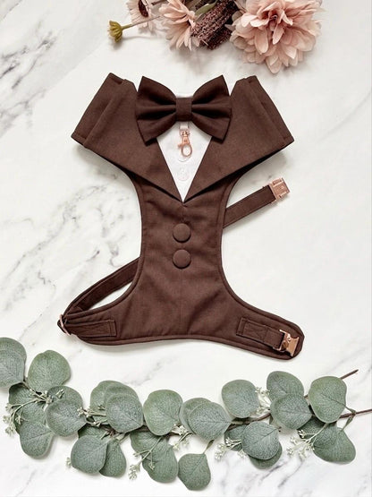 Bespoke Dark Brown Tuxedo Harness with Custom Bow Tie, Wedding Suit for Dog