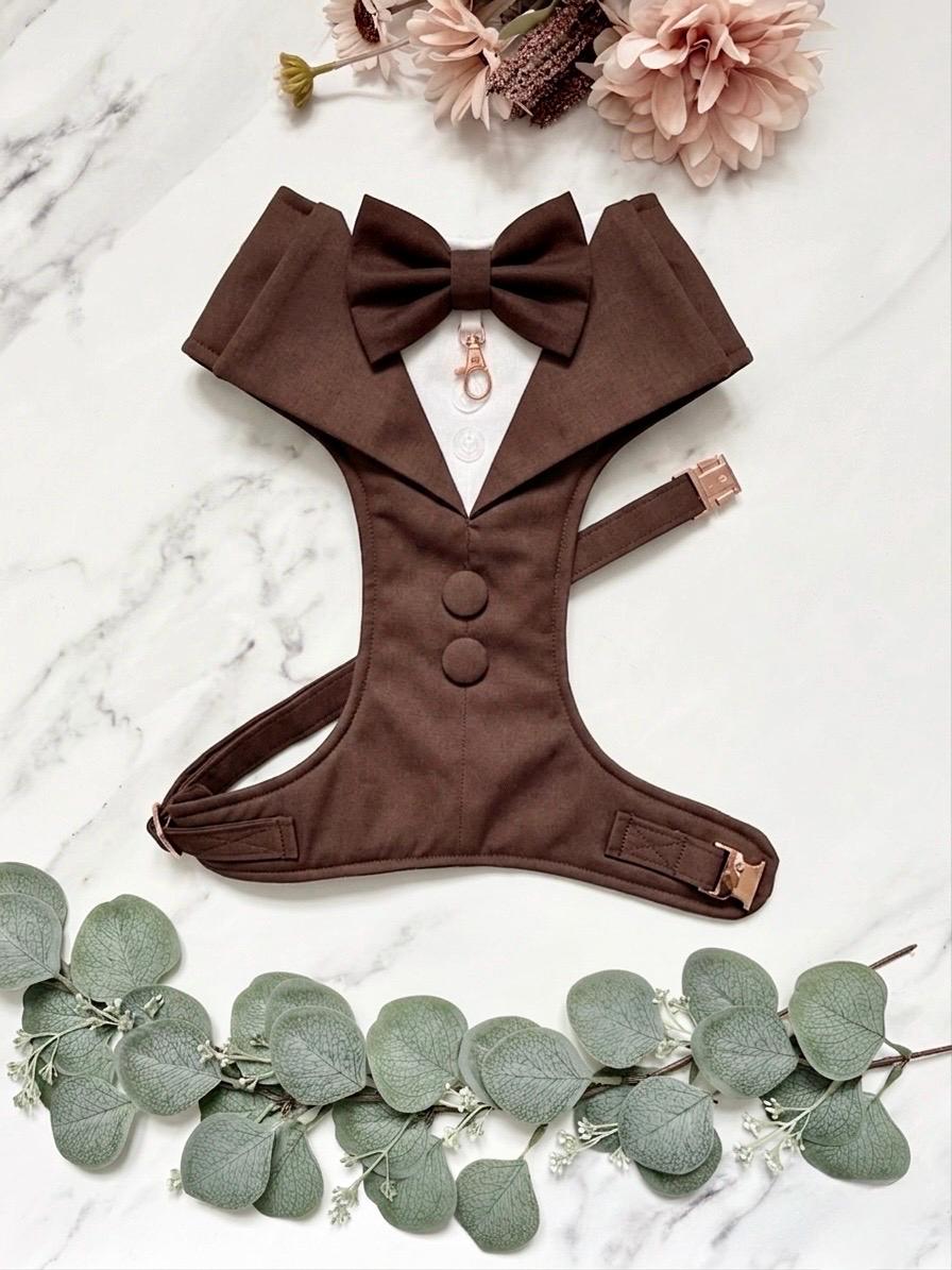 Bespoke Dark Brown Tuxedo Harness with Custom Bow Tie, Wedding Suit for Dog