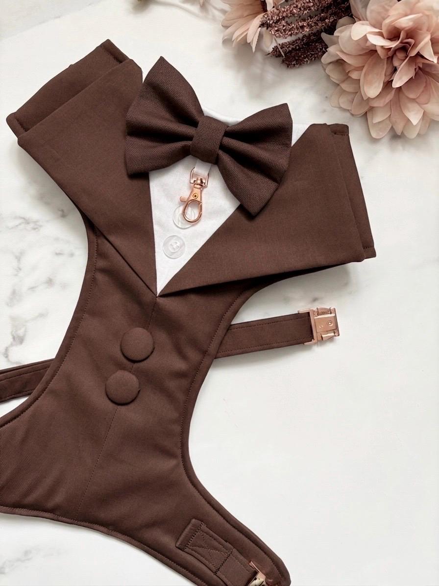 Bespoke Dark Brown Tuxedo Harness with Custom Bow Tie, Wedding Suit for Dog