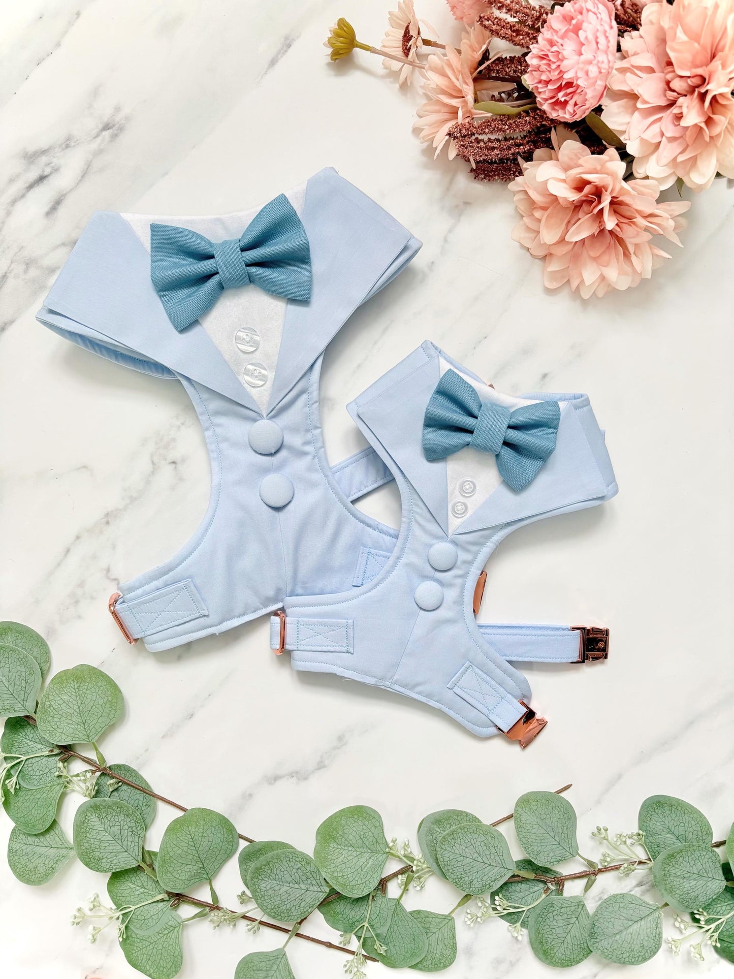 Made-to-Measure Light Blue Wedding Dog Tuxedo Harness: Custom Ring Bearer Outfit for Pets