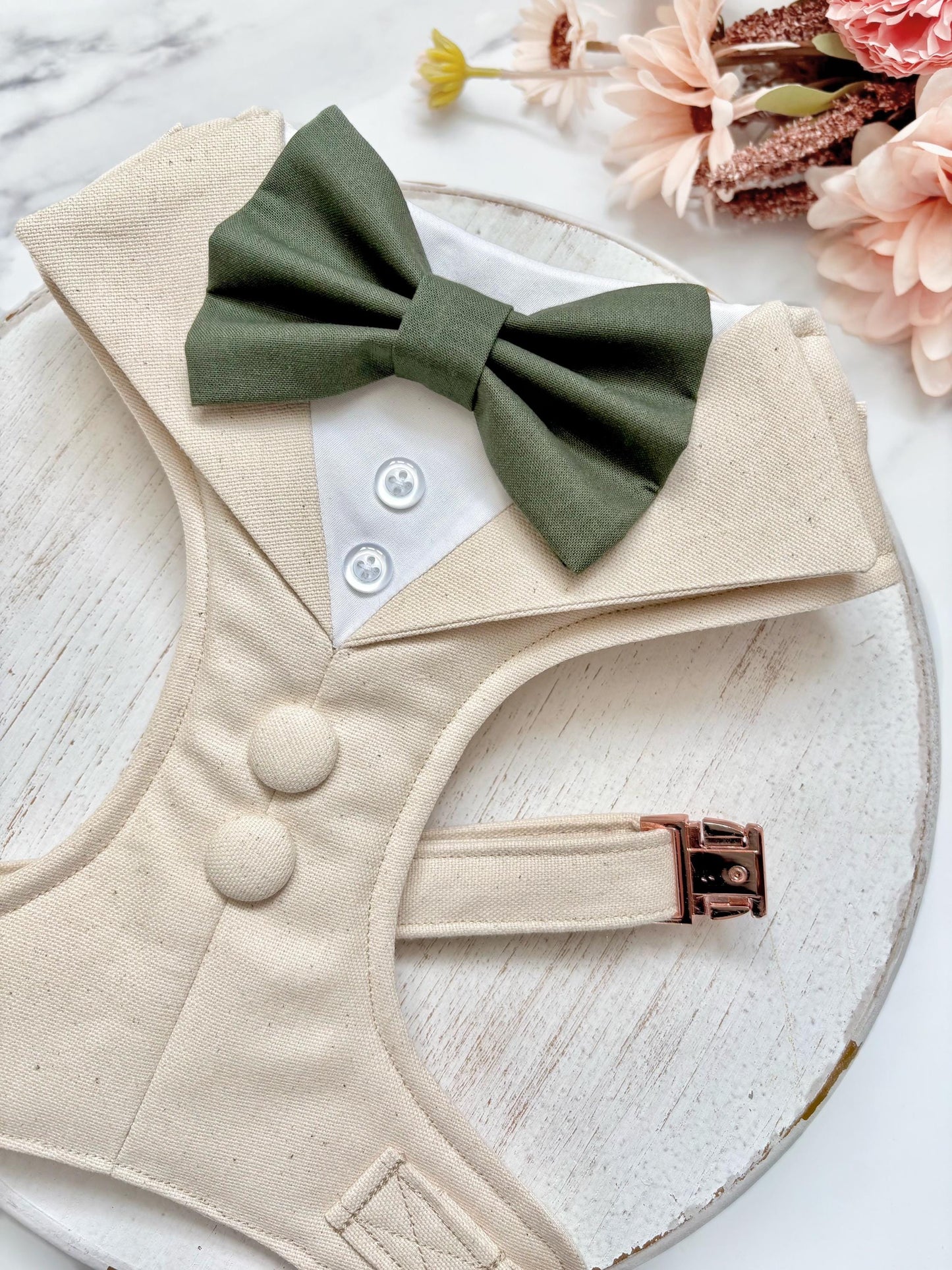 Natural Dog Tuxedo Harness with Bow Tie, Bespoke Neutral Ring Bearer Outfit