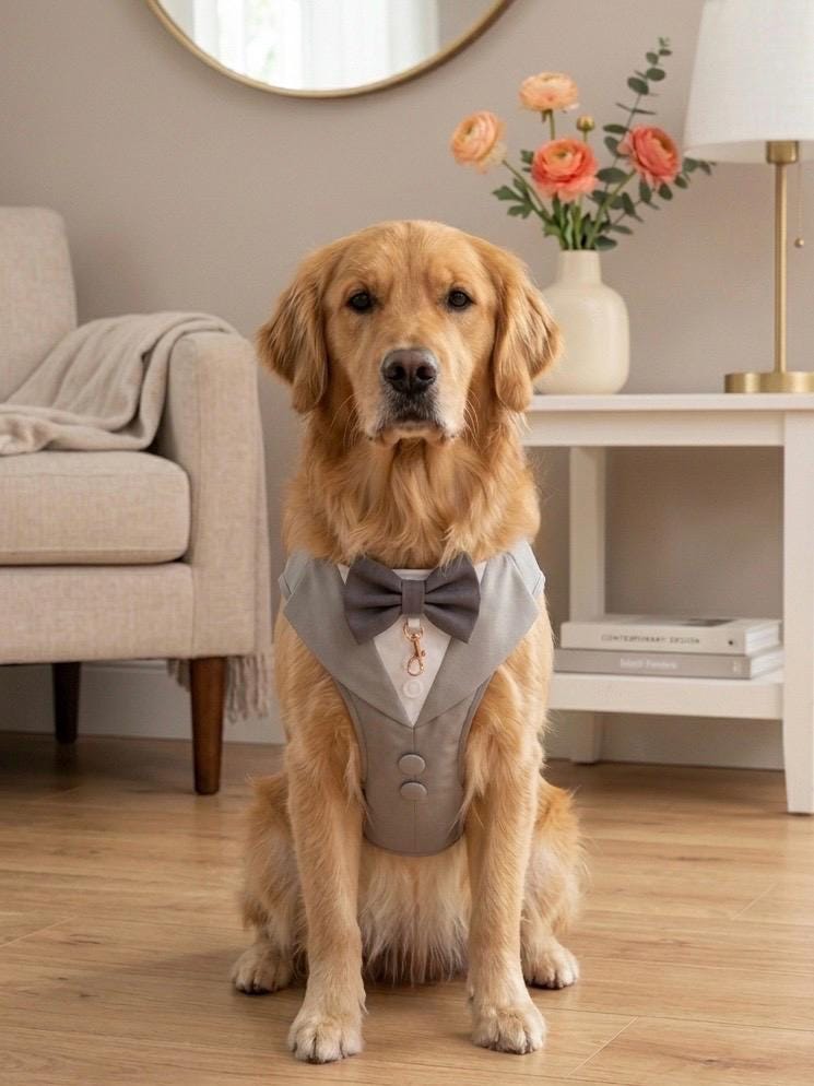 Bespoke Light Grey Dog Tuxedo Harness with Dark Grey Bow Tie, Formal Wedding Suit for Pets