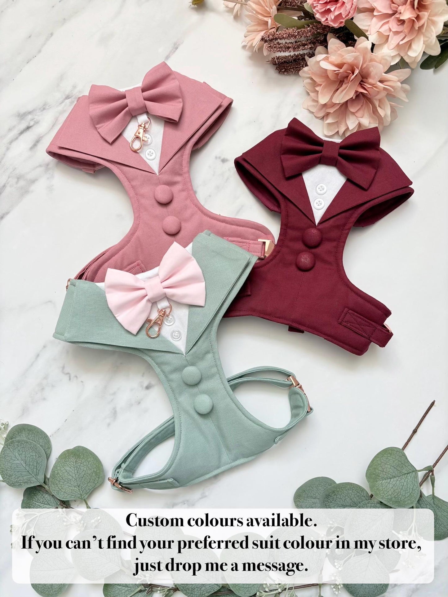 Bespoke Burgundy Red Formal Dog Tuxedo Harness: Custom Wedding Attire for Dogs