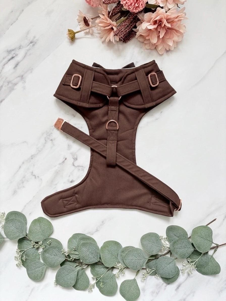 Bespoke Dark Brown Tuxedo Harness with Custom Bow Tie, Wedding Suit for Dog