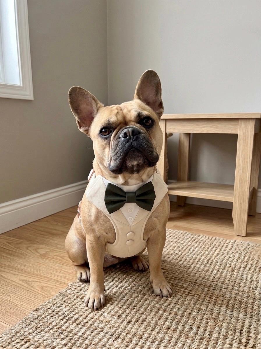 Natural Dog Tuxedo Harness with Bow Tie, Bespoke Neutral Ring Bearer Outfit