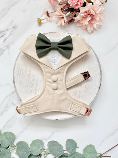 Natural Dog Tuxedo Harness with Bow Tie, Bespoke Neutral Ring Bearer Outfit