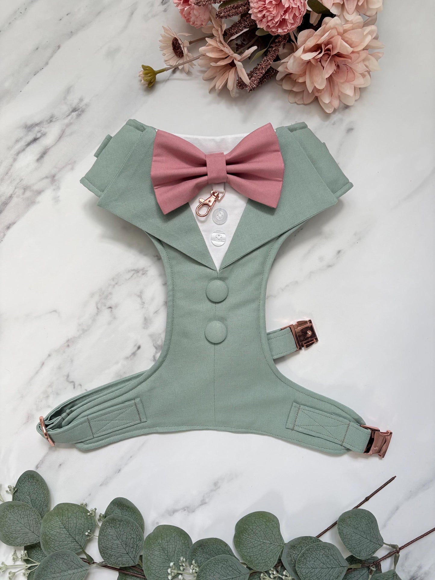 Bespoke Sage Green Wedding Suit for Dogs: Tuxedo Harness