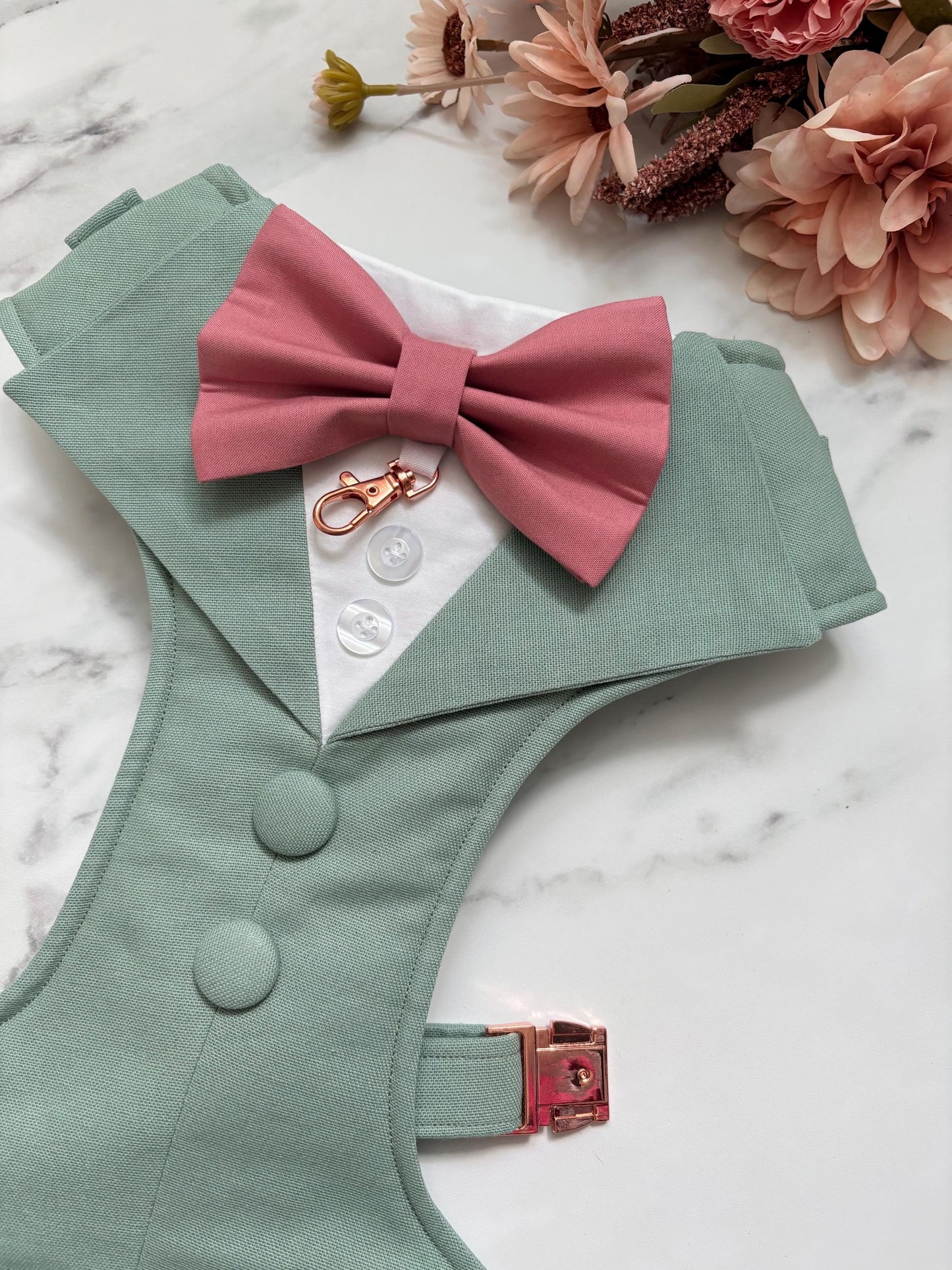 Bespoke Sage Green Wedding Suit for Dogs: Tuxedo Harness