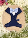 Navy Blue Dog Tuxedo Harness: Bespoke Pet Wedding Attire for Ring Bearer