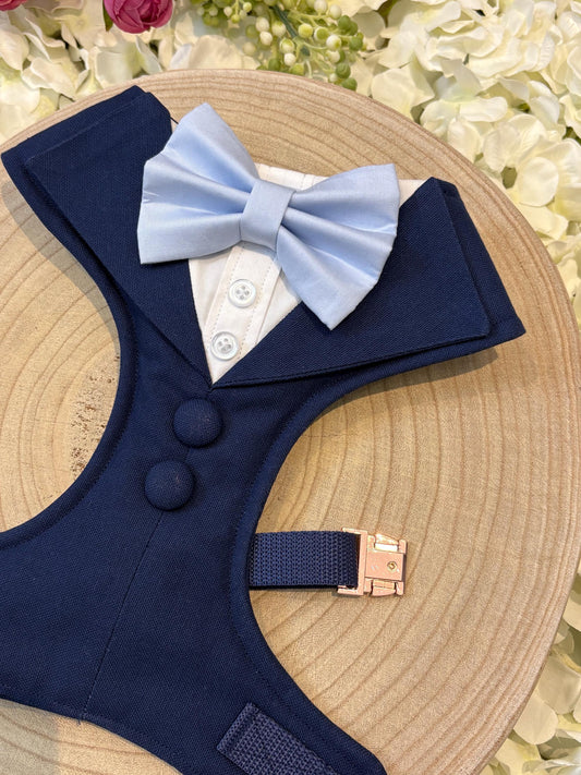 Navy Blue Dog Tuxedo Harness: Bespoke Pet Wedding Attire for Ring Bearer