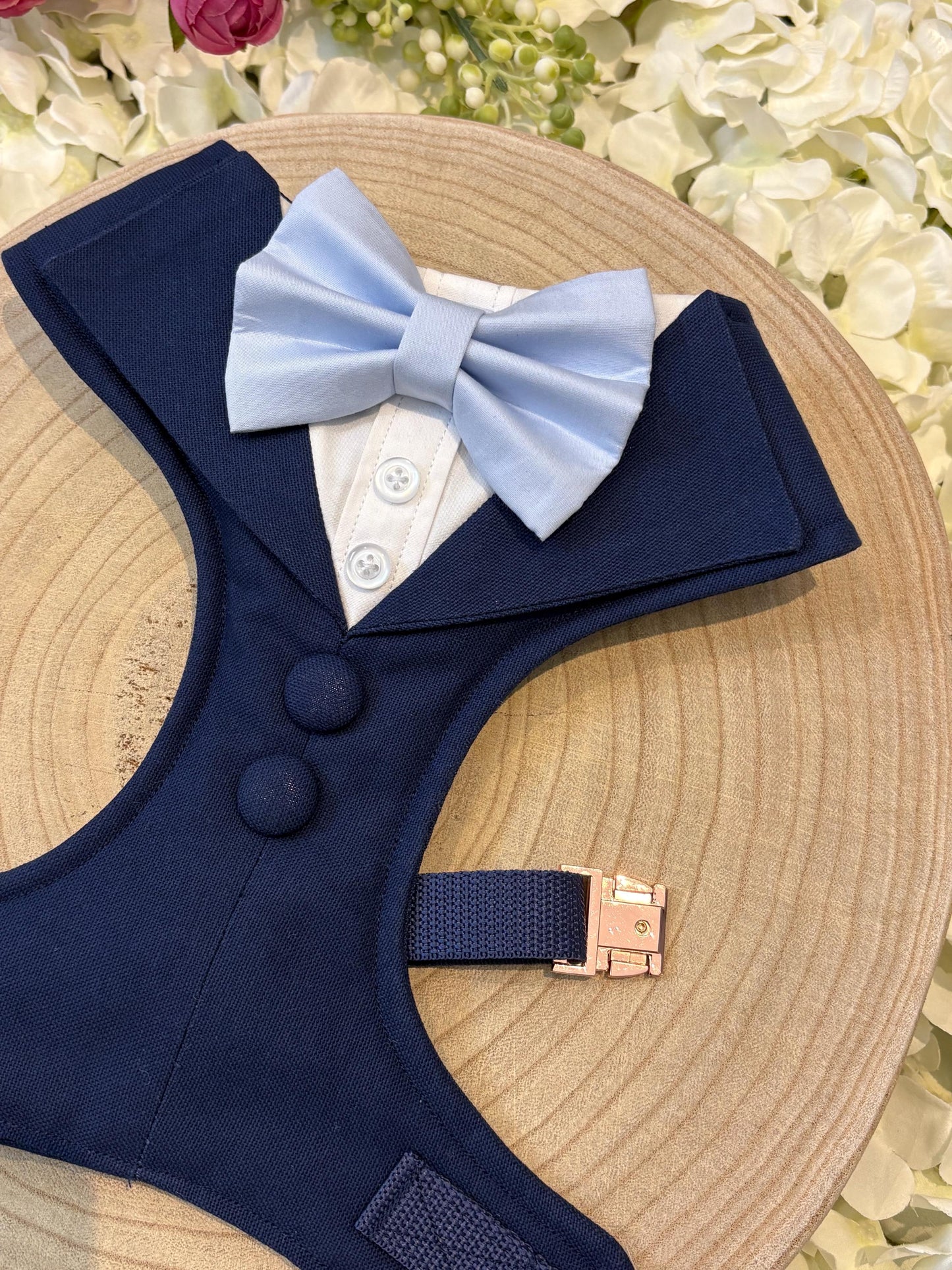 Navy Blue Dog Tuxedo Harness: Bespoke Pet Wedding Attire for Ring Bearer