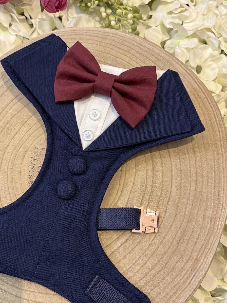 Bespoke Navy Dog Tuxedo Harness with Burgundy Bowtie: Formal Pet Wedding Suit
