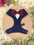 Bespoke Navy Dog Tuxedo Harness with Burgundy Bowtie: Formal Pet Wedding Suit