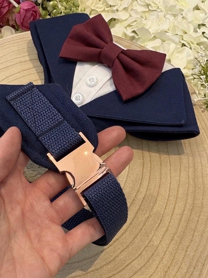 Bespoke Navy Dog Tuxedo Harness with Burgundy Bowtie: Formal Pet Wedding Suit