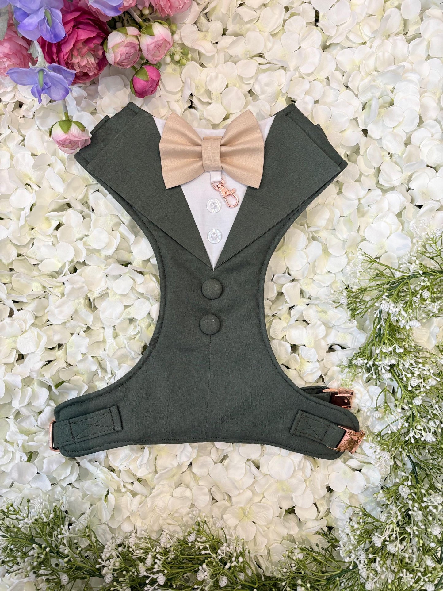 Olive Green Dog Tuxedo Harness: Made-to-measure Formal Wedding Outfit