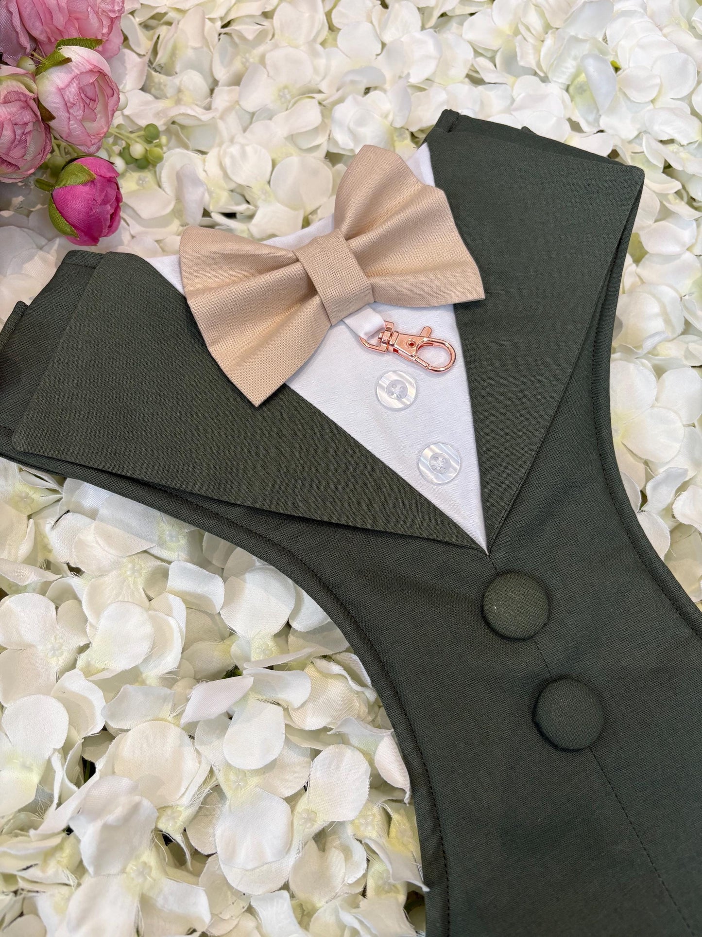 Olive Green Dog Tuxedo Harness: Made-to-measure Formal Wedding Outfit
