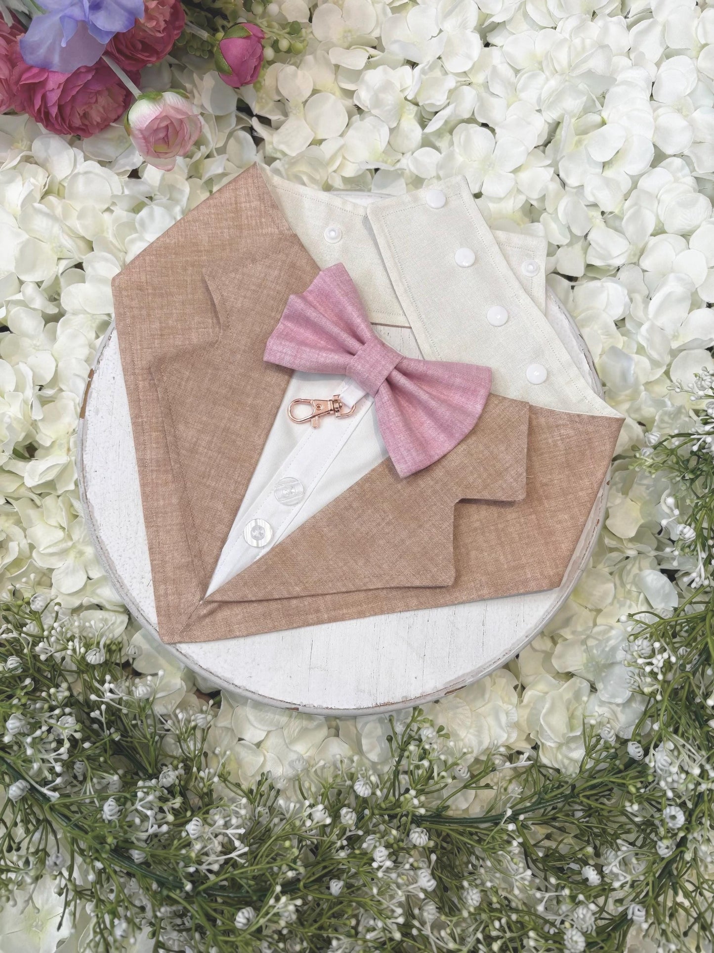 Taupe Wedding Dog Tuxedo Bandana, Ring Bearer Style Available, More Colours Available