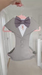 Bespoke Light Grey Dog Tuxedo Harness with Dark Grey Bow Tie, Formal Wedding Suit for Pets