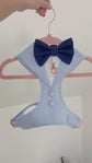 Made-to-Measure Pale Blue Wedding Dog Tuxedo Harness with Navy Bow Tie: Custom Ring Bearer Outfit for Pets