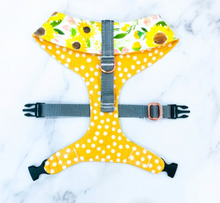 Load image into Gallery viewer, Sunflower and mustard dot reversible harness